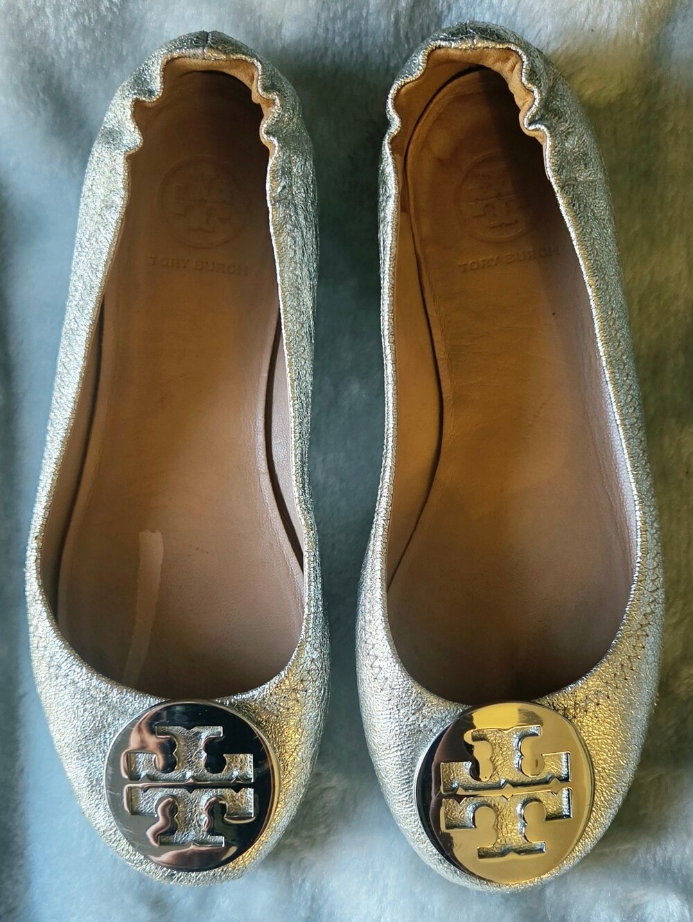 Tory Burch Silver Metallic Minnie Travel Ballet Flats